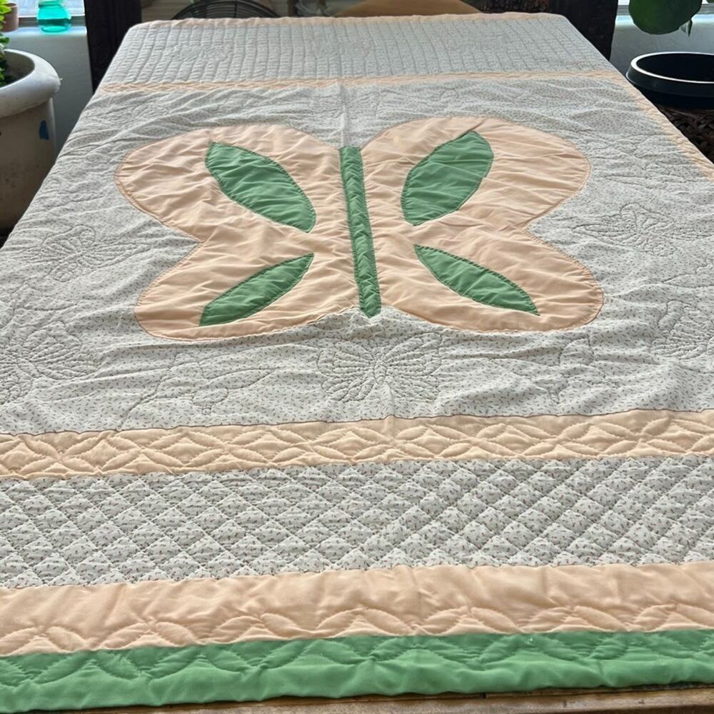 Vintage Quilted Bedspread Cotton Kids Butterfly Reversible Hand Stitched